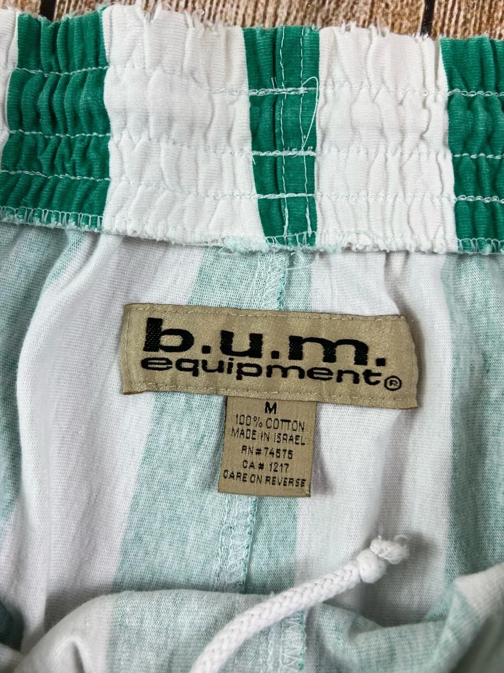 Vintage 1993 B.U.M equipment Cotton Striped Shorts Green White Size Medium